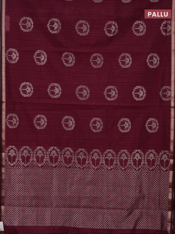 Banarasi semi matka saree wine shade with silver & gold zari woven buttas and zari woven piping border