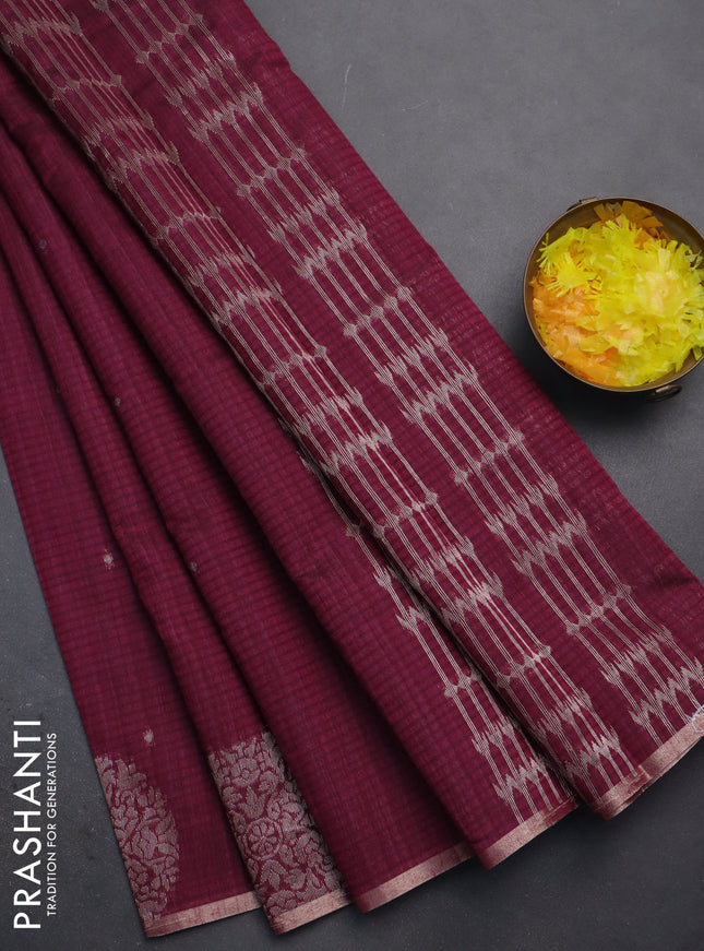 Banarasi semi matka saree wine shade with silver & gold zari woven buttas and zari woven butta border