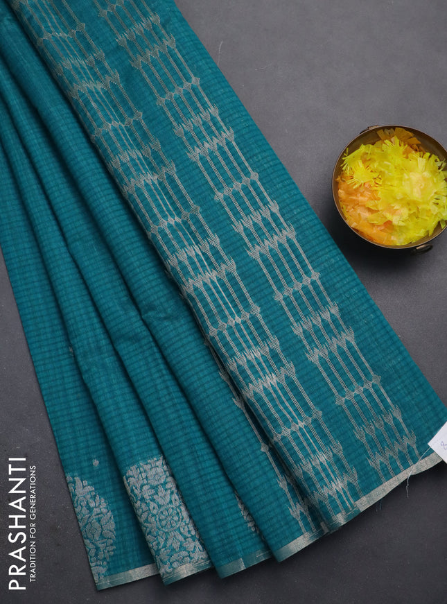Banarasi semi matka saree teal green with silver & gold zari woven buttas and zari woven butta border