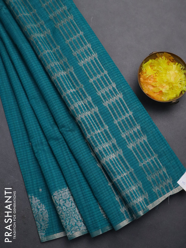 Banarasi semi matka saree teal green with silver & gold zari woven buttas and zari woven butta border