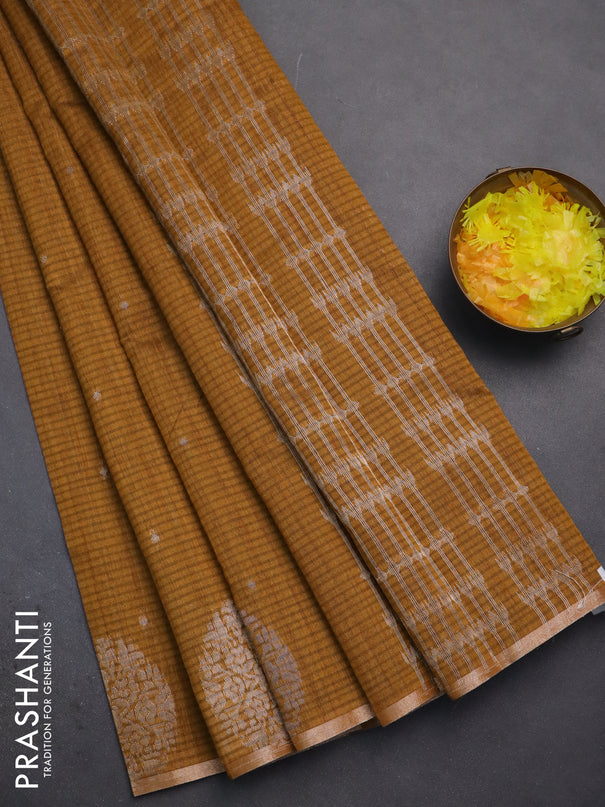Banarasi semi matka saree dark mustard with silver & gold zari woven buttas and zari woven butta border