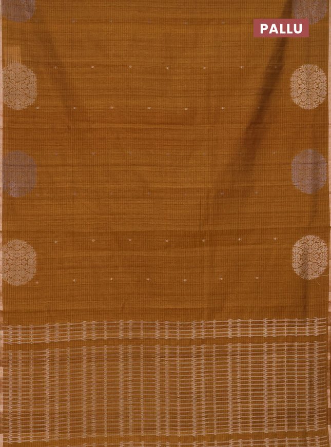 Banarasi semi matka saree dark mustard with silver & gold zari woven buttas and zari woven butta border