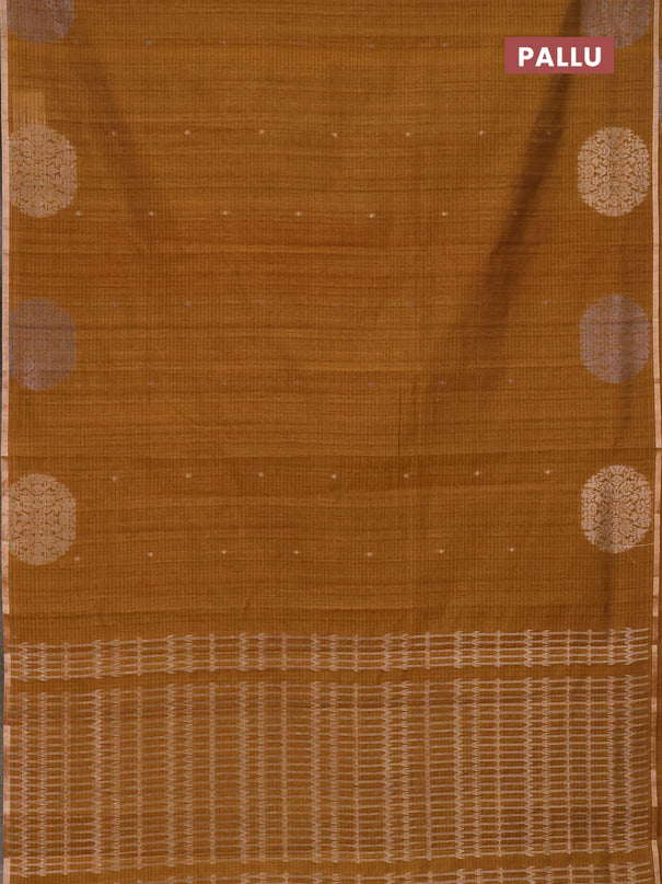 Banarasi semi matka saree dark mustard with silver & gold zari woven buttas and zari woven butta border