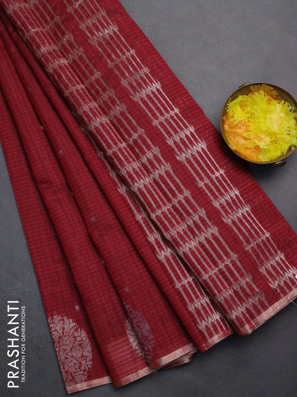 Banarasi semi matka saree maroon with silver & gold zari woven buttas and zari woven butta border