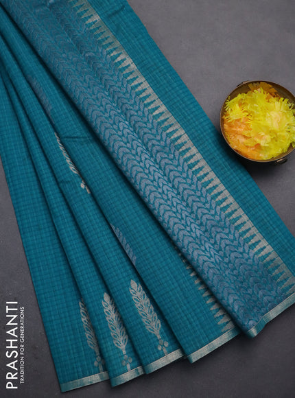 Banarasi semi matka saree teal green with silver & gold zari woven buttas and zari woven piping border