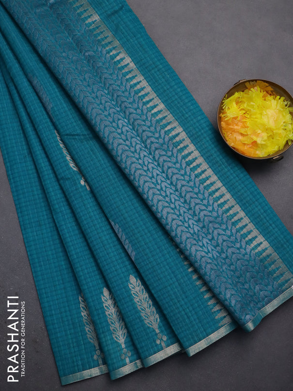 Banarasi semi matka saree teal green with silver & gold zari woven buttas and zari woven piping border