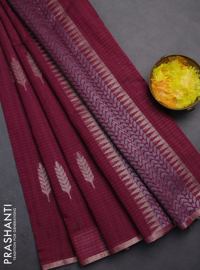 Banarasi semi matka saree wine shade with silver & gold zari woven buttas and zari woven piping border