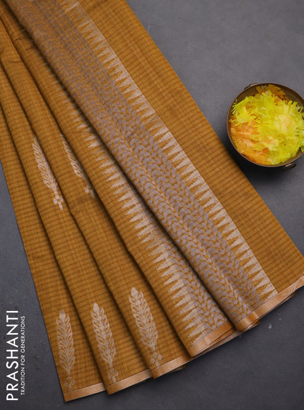 Banarasi semi matka saree dark mustard with silver & gold zari woven buttas and zari woven piping border