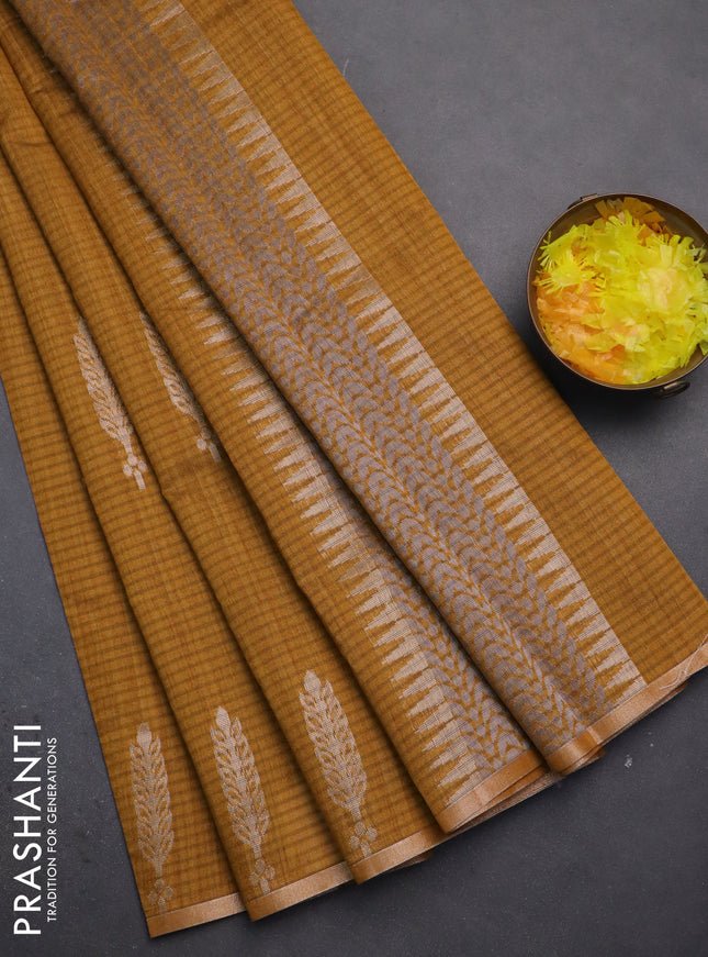 Banarasi semi matka saree dark mustard with silver & gold zari woven buttas and zari woven piping border