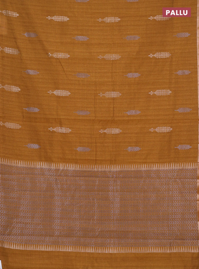Banarasi semi matka saree dark mustard with silver & gold zari woven buttas and zari woven piping border