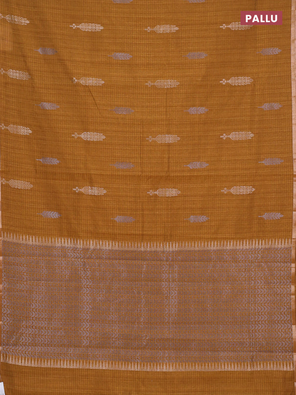 Banarasi semi matka saree dark mustard with silver & gold zari woven buttas and zari woven piping border