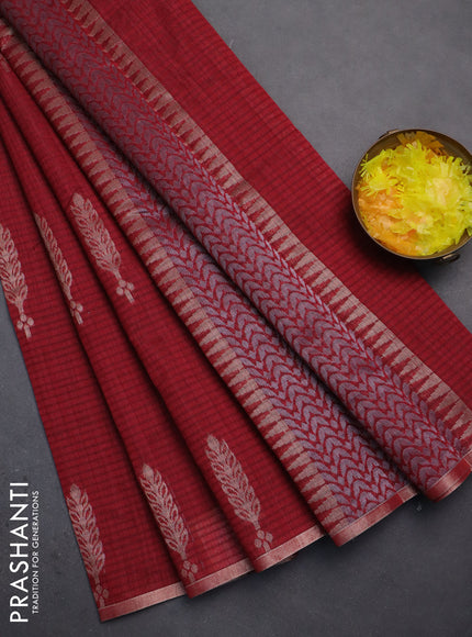 Banarasi semi matka saree maroon with silver & gold zari woven buttas and zari woven piping border