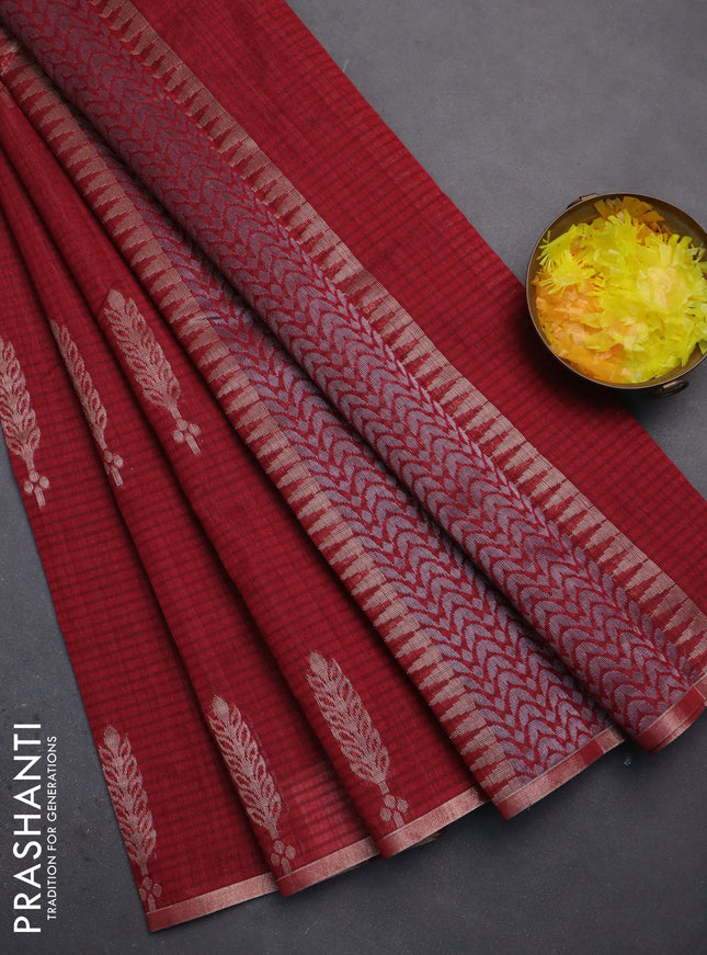 Banarasi semi matka saree maroon with silver & gold zari woven buttas and zari woven piping border