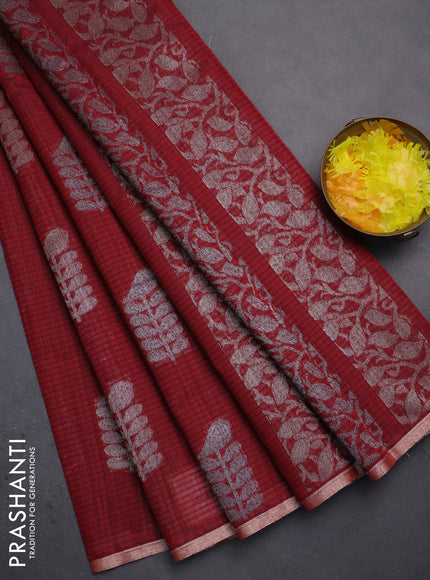 Banarasi semi matka saree maroon with thread & silver zari woven buttas and zari woven piping border