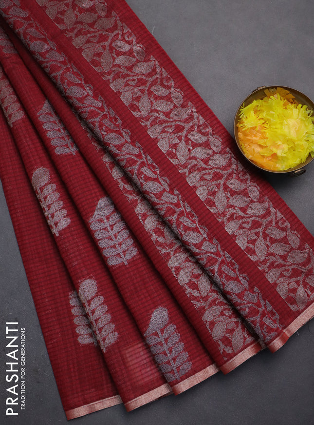 Banarasi semi matka saree maroon with thread & silver zari woven buttas and zari woven piping border