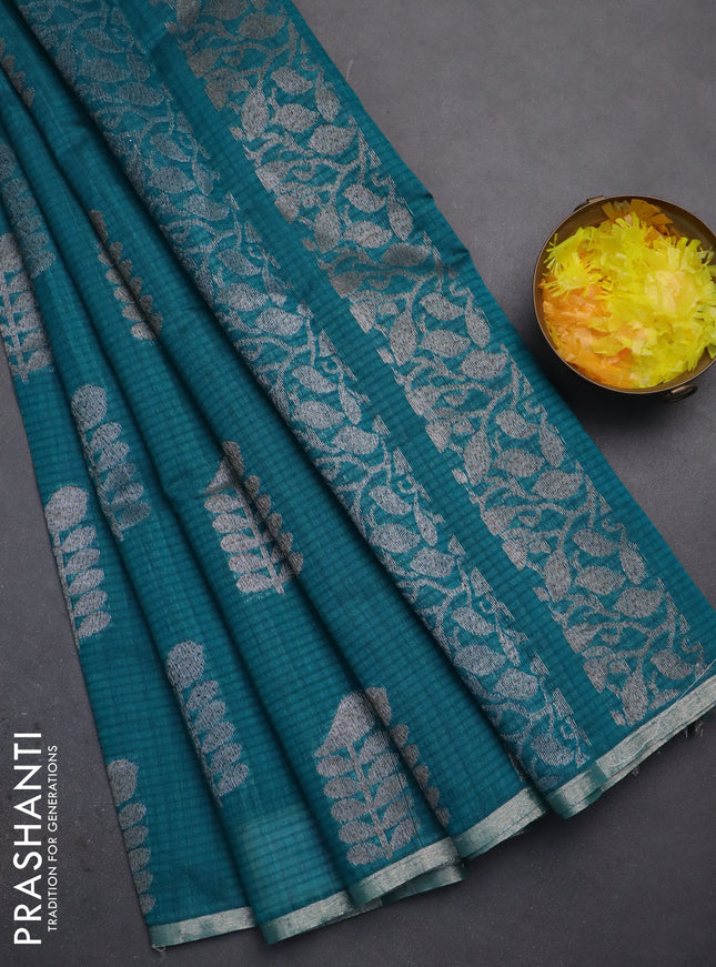 Banarasi semi matka saree teal green with thread & silver zari woven buttas and zari woven piping border