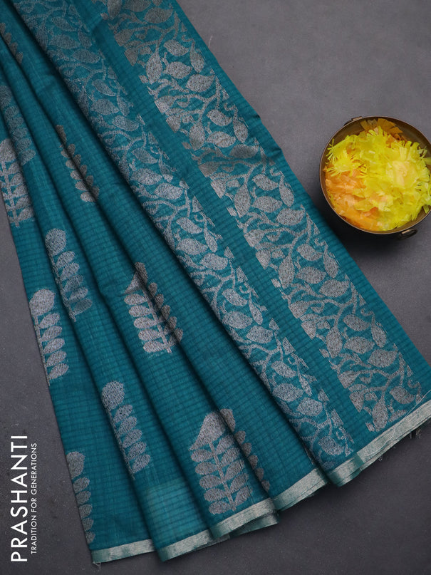 Banarasi semi matka saree teal green with thread & silver zari woven buttas and zari woven piping border