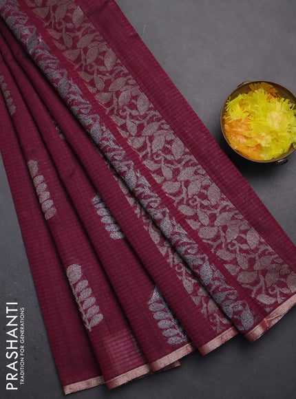 Banarasi semi matka saree wine shade with thread & silver zari woven buttas and zari woven piping border