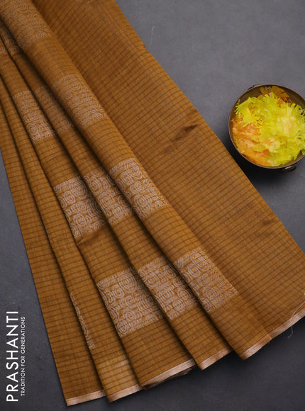 Banarasi semi matka saree dark mustard with silver & gold zari woven buttas and zari woven piping border