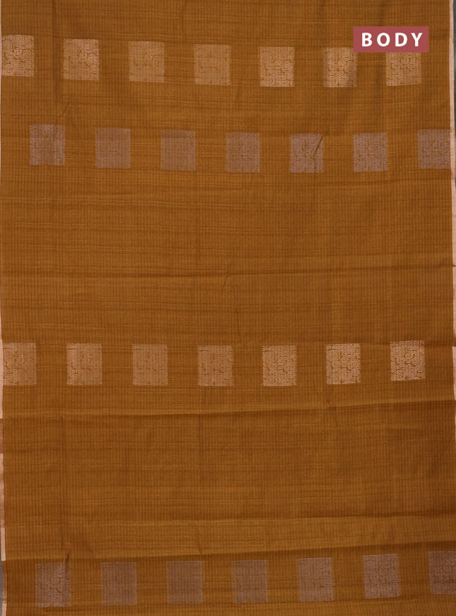 Banarasi semi matka saree dark mustard with silver & gold zari woven buttas and zari woven piping border