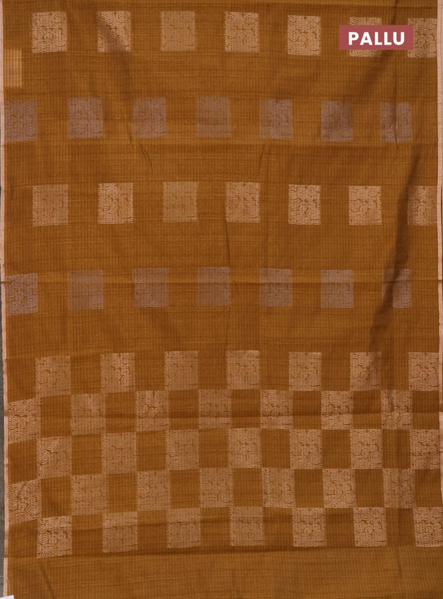 Banarasi semi matka saree dark mustard with silver & gold zari woven buttas and zari woven piping border