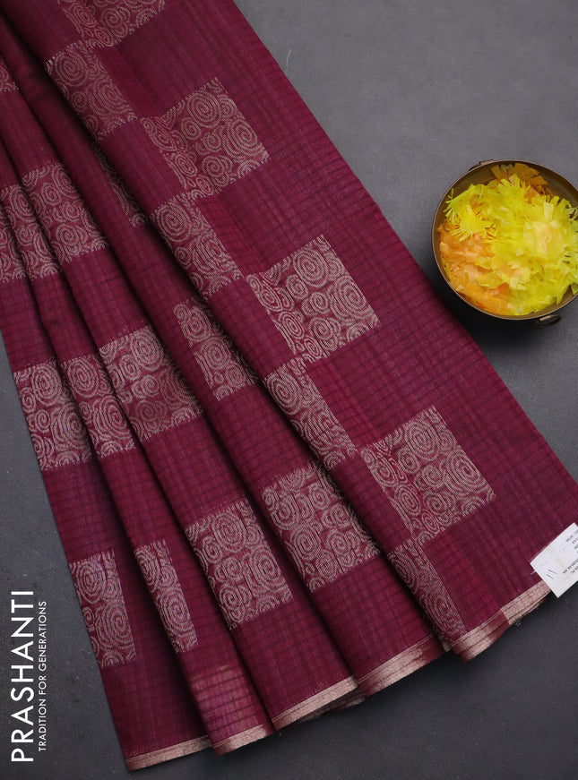 Banarasi semi matka saree wine shade with silver & gold zari woven buttas and zari woven piping border