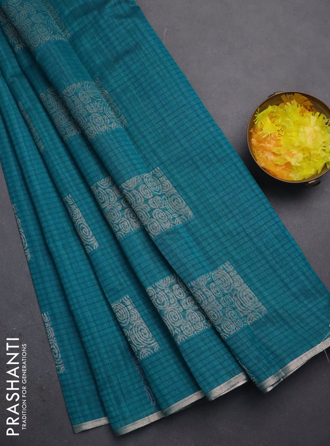 Banarasi semi matka saree teal green with silver & gold zari woven buttas and zari woven piping border