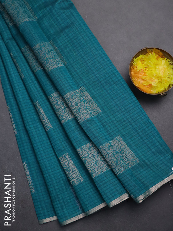 Banarasi semi matka saree teal green with silver & gold zari woven buttas and zari woven piping border