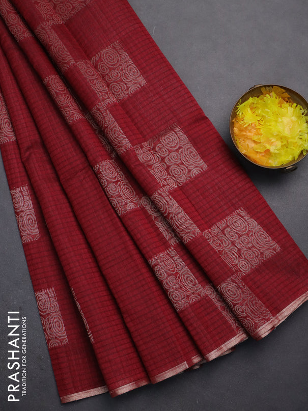 Banarasi semi matka saree maroon with silver & gold zari woven buttas and zari woven piping border