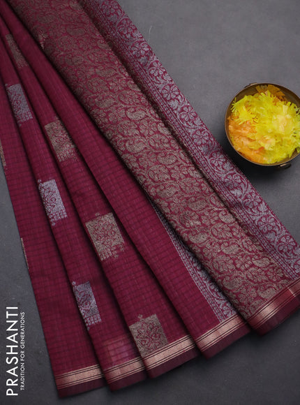 Banarasi semi matka saree wine shade with woven buttas and zari woven piping border