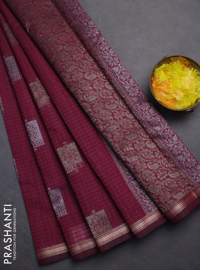 Banarasi semi matka saree wine shade with woven buttas and zari woven piping border