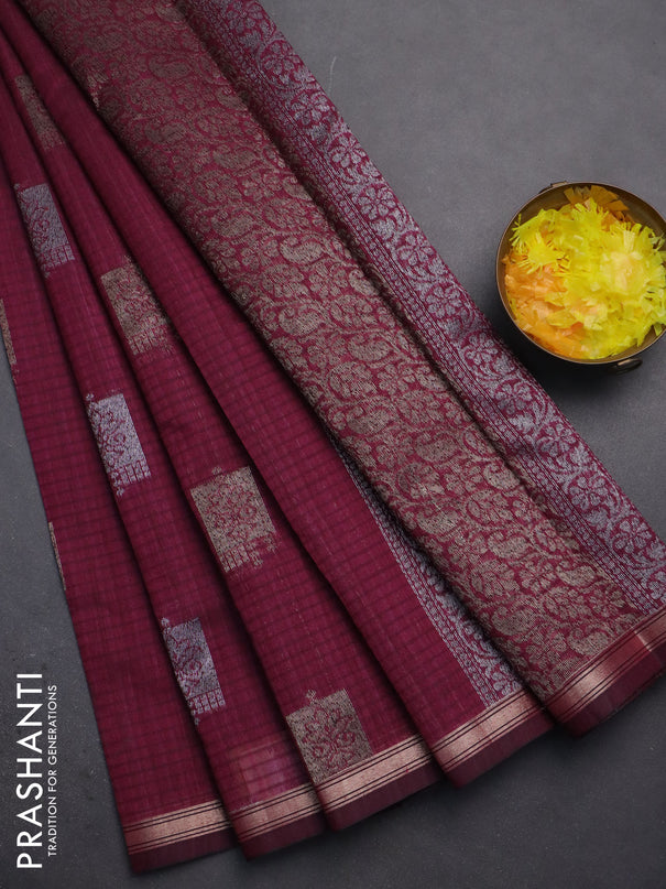Banarasi semi matka saree wine shade with woven buttas and zari woven piping border