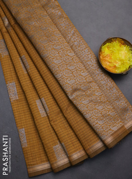 Banarasi semi matka saree dark mustard with woven buttas and zari woven piping border