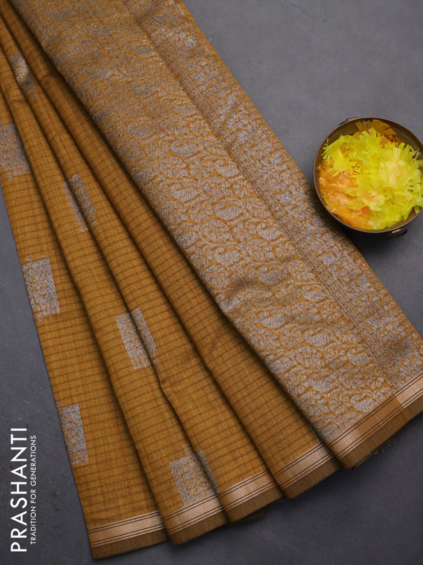 Banarasi semi matka saree dark mustard with woven buttas and zari woven piping border