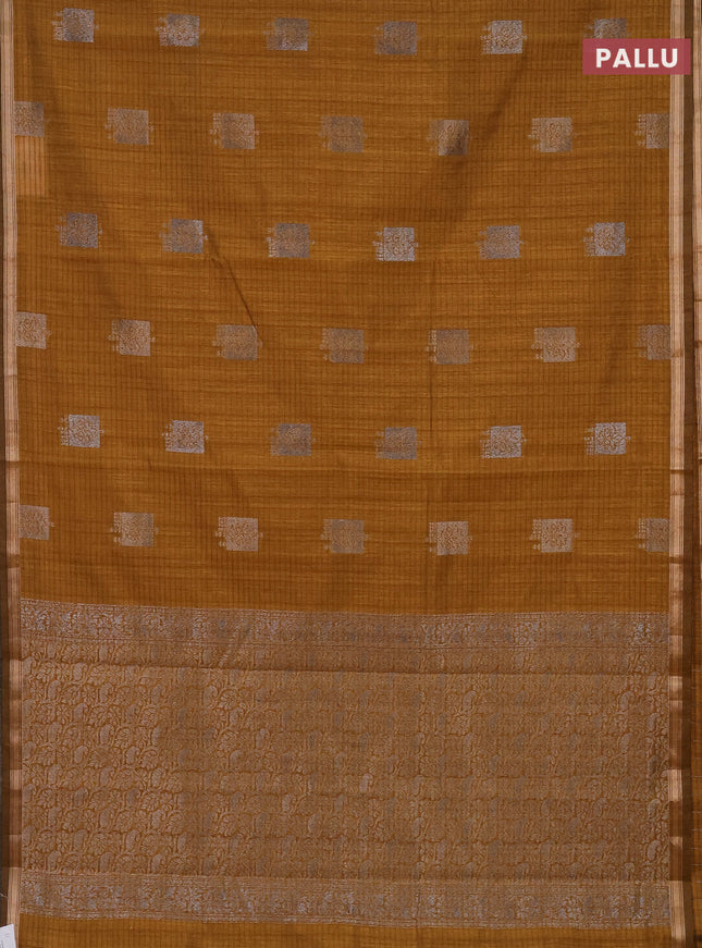 Banarasi semi matka saree dark mustard with woven buttas and zari woven piping border
