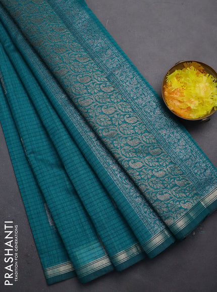 Banarasi semi matka saree teal green with woven buttas and zari woven piping border