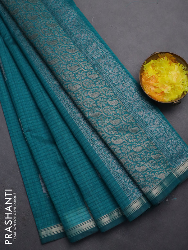 Banarasi semi matka saree teal green with woven buttas and zari woven piping border