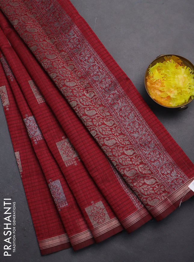 Banarasi semi matka saree maroon with woven buttas and zari woven piping border