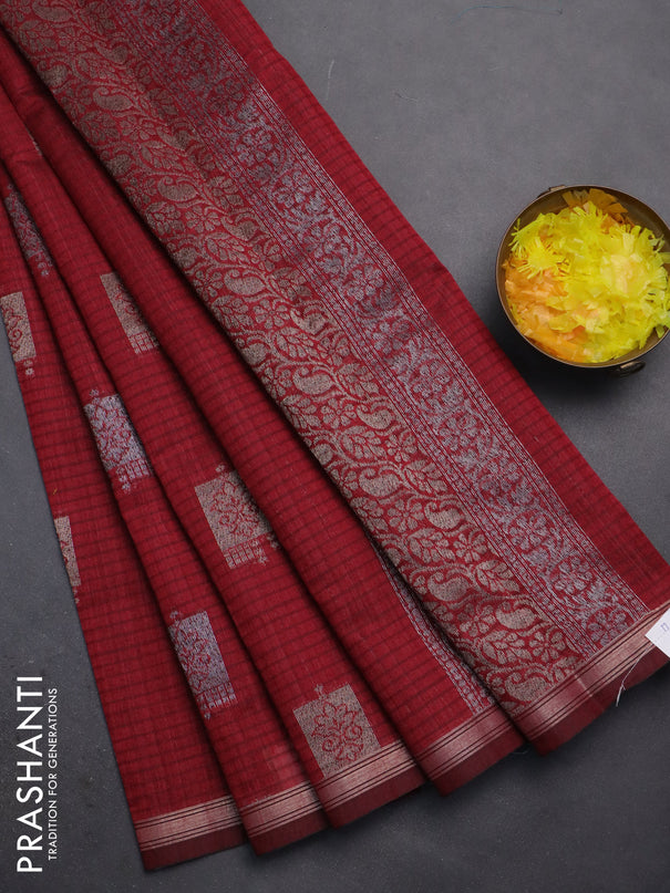 Banarasi semi matka saree maroon with woven buttas and zari woven piping border