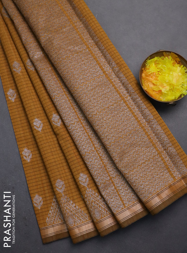 Banarasi semi matka saree dark mustard with silver zari woven buttas and zari woven border
