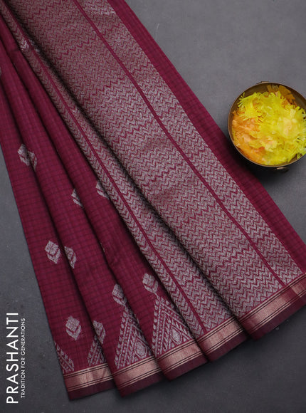 Banarasi semi matka saree wine shade with silver zari woven buttas and zari woven border