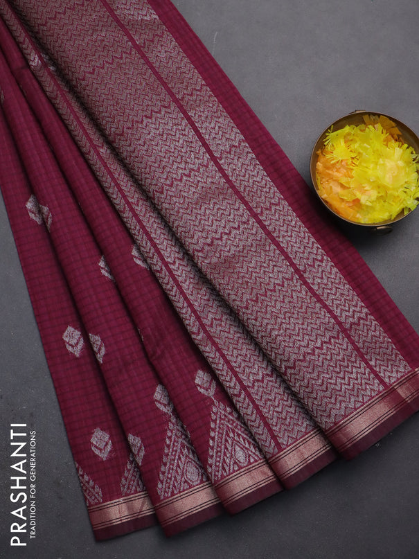 Banarasi semi matka saree wine shade with silver zari woven buttas and zari woven border