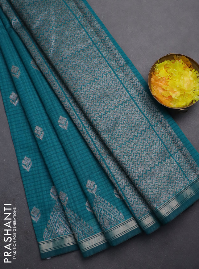 Banarasi semi matka saree teal green with silver zari woven buttas and zari woven border