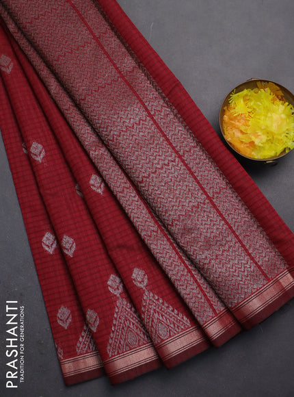 Banarasi semi matka saree maroon with silver zari woven buttas and zari woven border