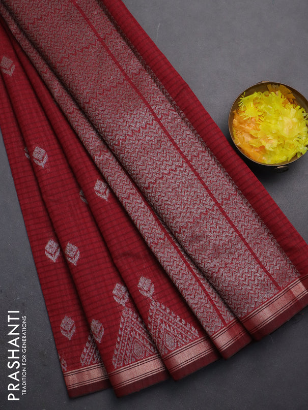 Banarasi semi matka saree maroon with silver zari woven buttas and zari woven border