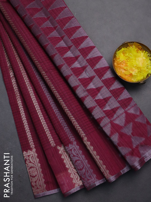 Banarasi semi matka saree wine shade with allover silver & gold zari weaves and zari woven butta border