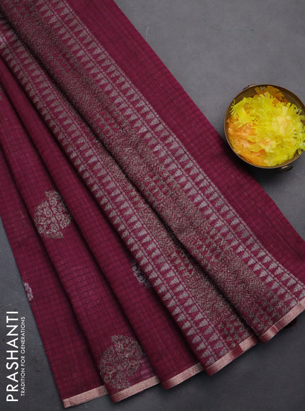 Banarasi semi matka saree wine shade with woven buttas and zari woven piping border