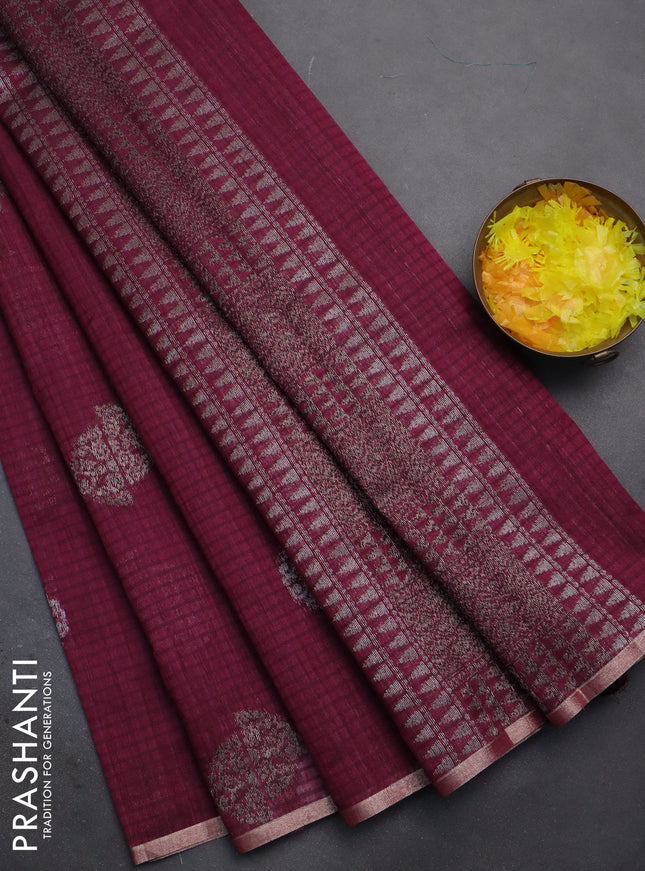 Banarasi semi matka saree wine shade with woven buttas and zari woven piping border