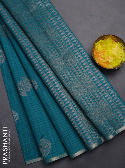 Banarasi semi matka saree teal green with woven buttas and zari woven piping border