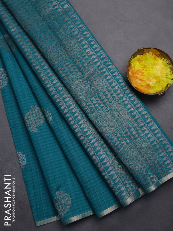 Banarasi semi matka saree teal green with woven buttas and zari woven piping border